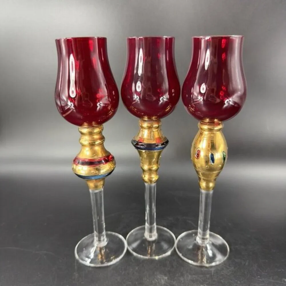 Bombay Company Romanov Ruby Gold Long Stem Cordial Glasses Cadmium UV Glow Set 3